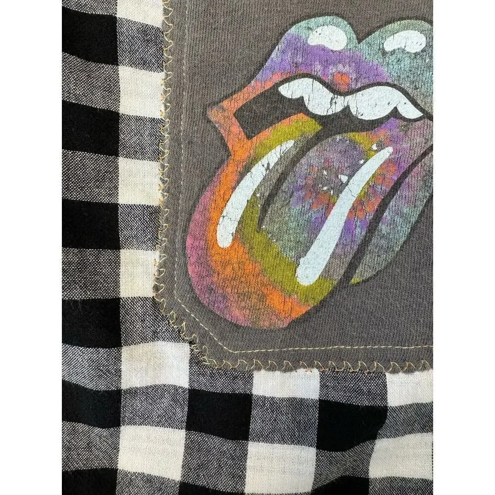 ROLLING STONES 70s Rock Retro Vintage Upcycled Plaid Flannel Kids Shirt L 10/12